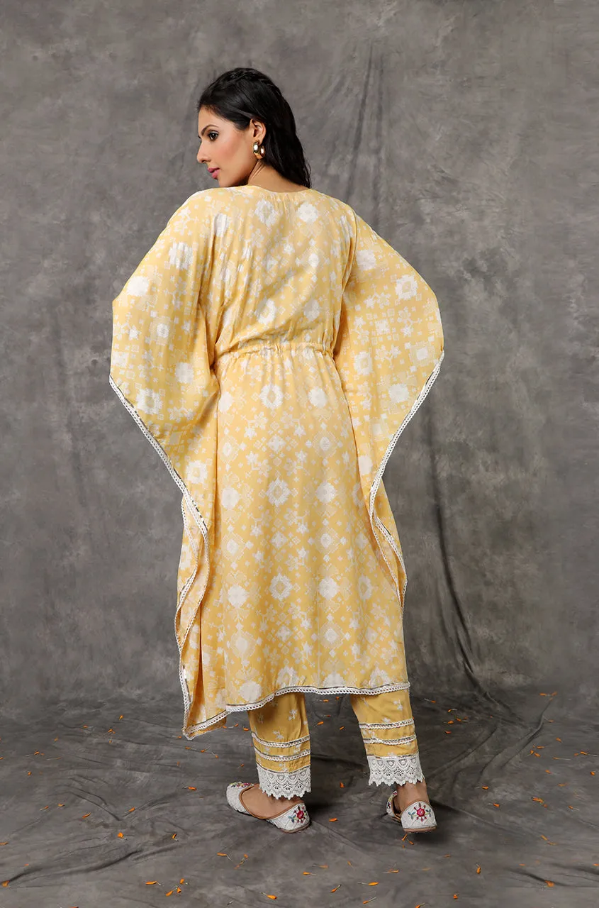 NOOR by ISHNYA - Yellow Long Kaftan Set with Embroidered Pants