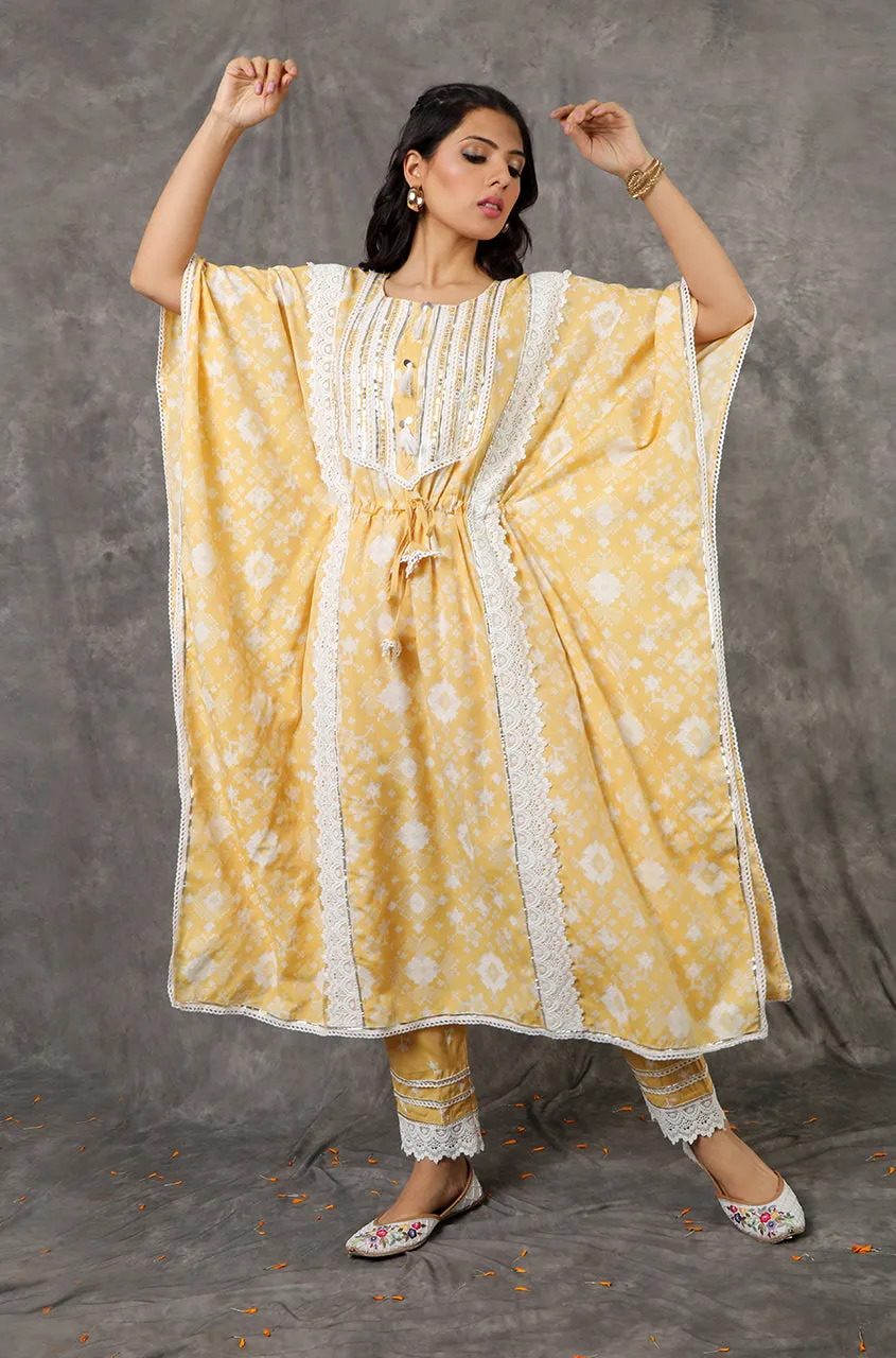 NOOR by ISHNYA - Yellow Long Kaftan Set with Embroidered Pants