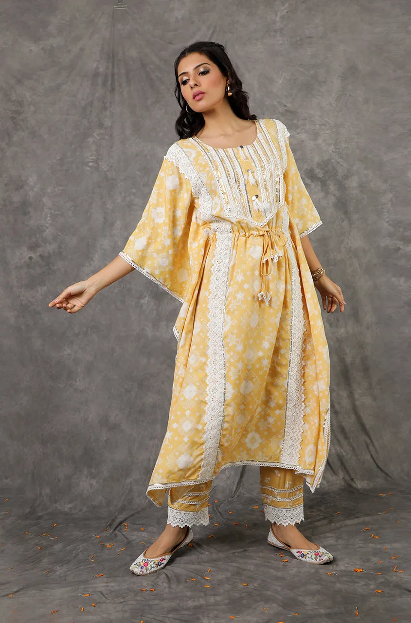 NOOR by ISHNYA - Yellow Long Kaftan Set with Embroidered Pants