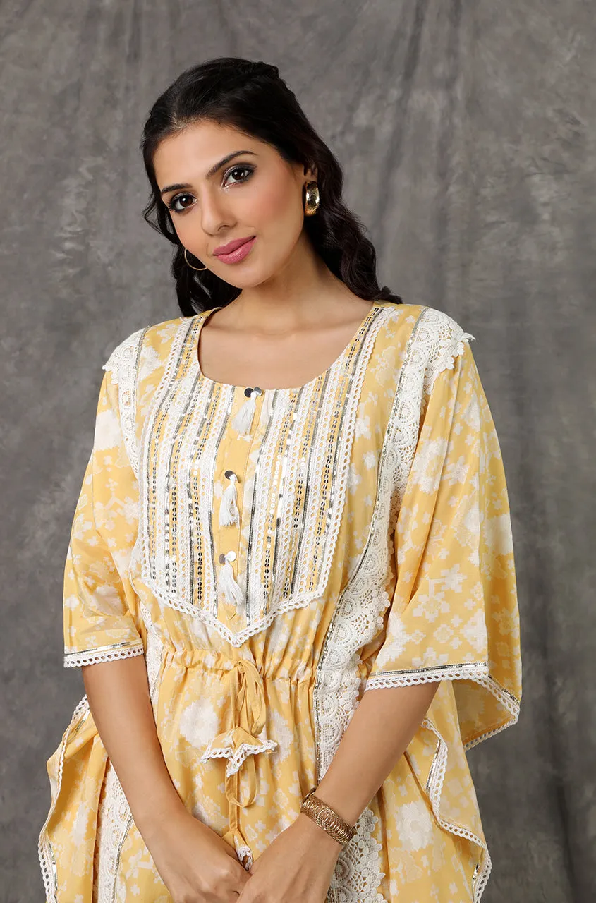 NOOR by ISHNYA - Yellow Long Kaftan Set with Embroidered Pants