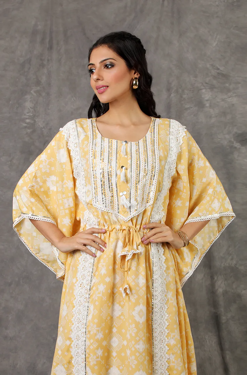 NOOR by ISHNYA - Yellow Long Kaftan Set with Embroidered Pants