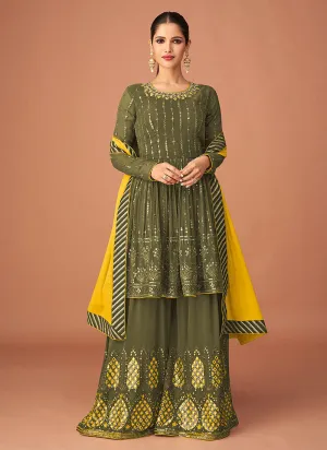 Olive Green Multi Embroidered Peplum Style Sharara Suit