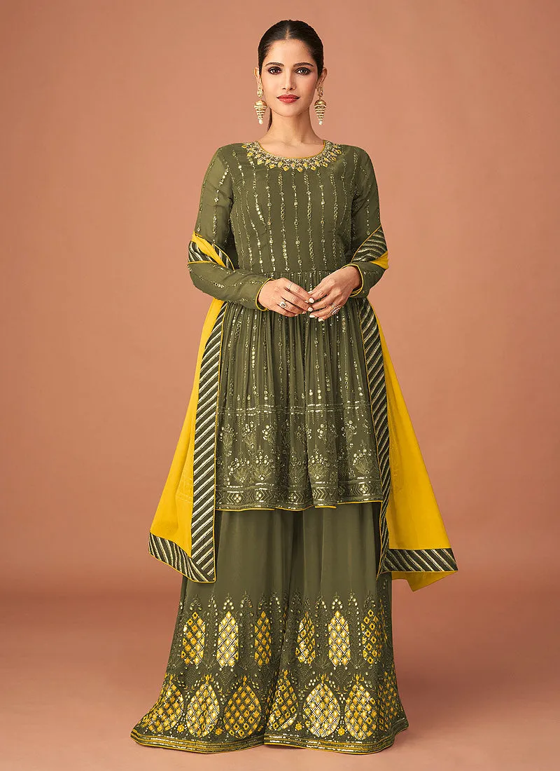 Olive Green Multi Embroidered Peplum Style Sharara Suit