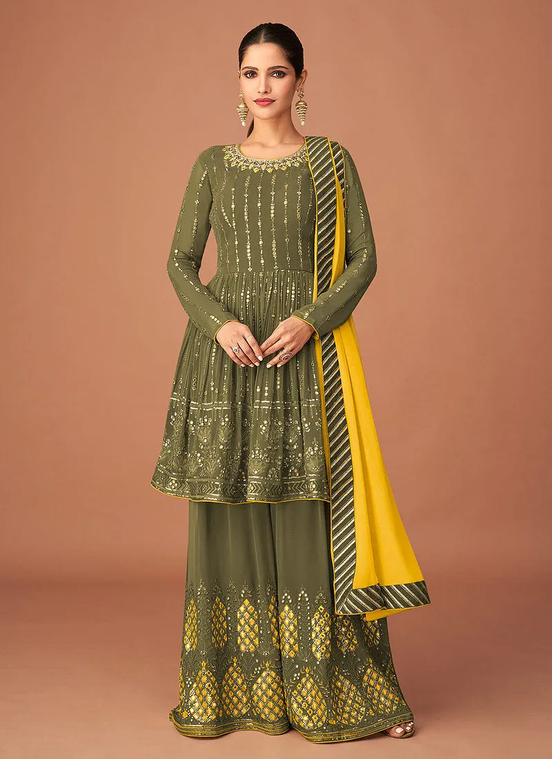 Olive Green Multi Embroidered Peplum Style Sharara Suit