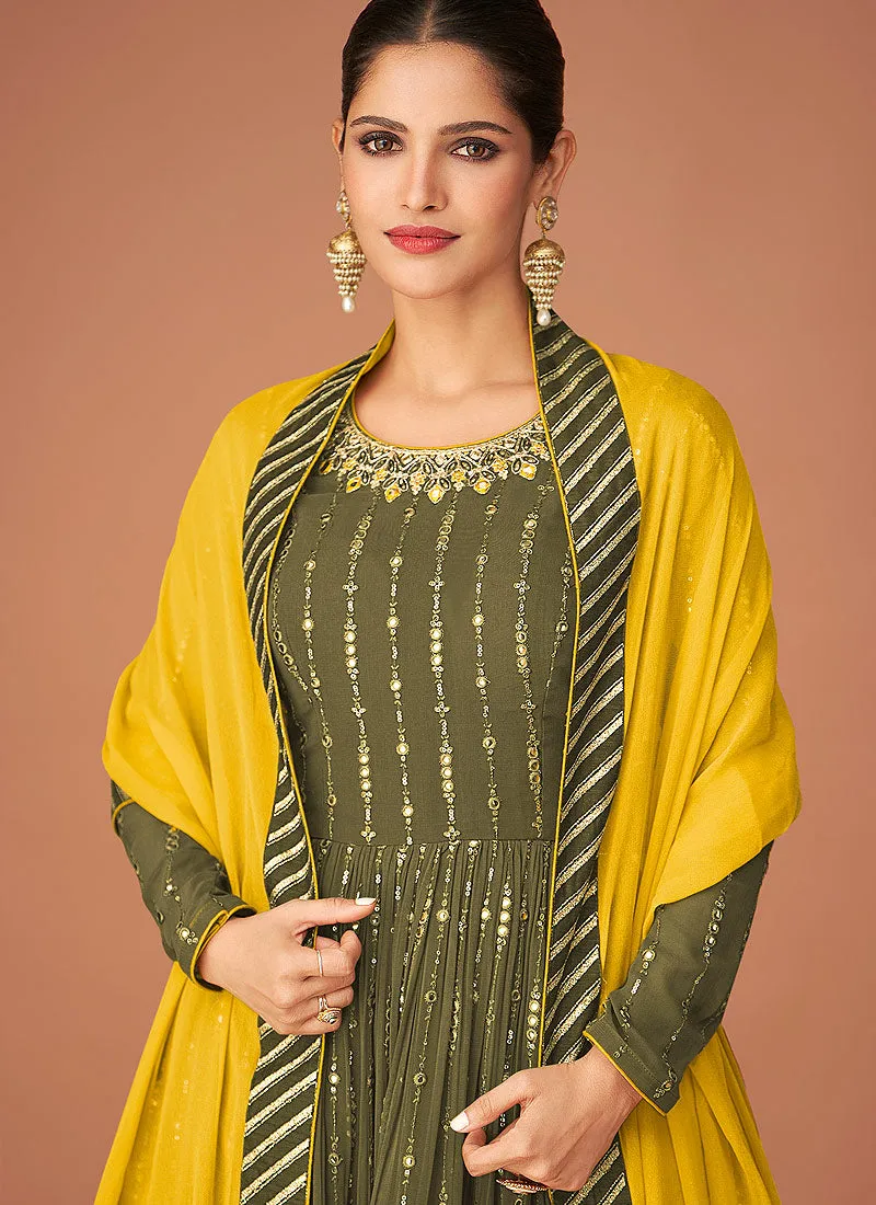 Olive Green Multi Embroidered Peplum Style Sharara Suit