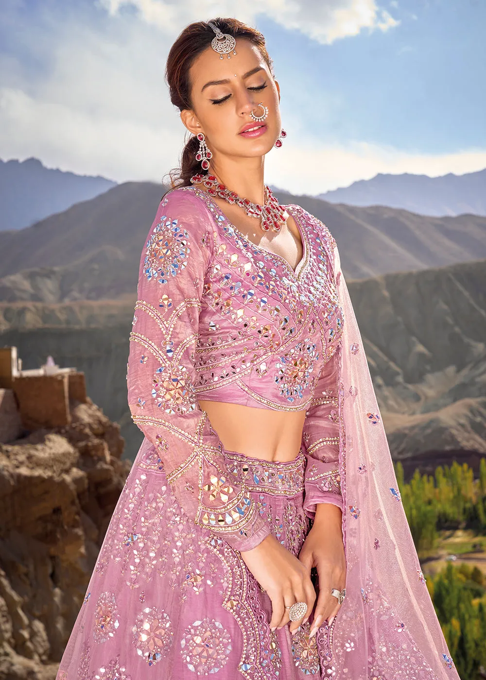 Onion Pink Embroidered Organza Designer Bridal Lehenga Choli