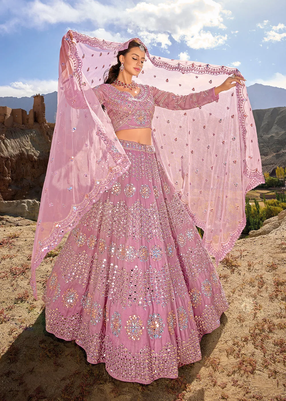 Onion Pink Embroidered Organza Designer Bridal Lehenga Choli