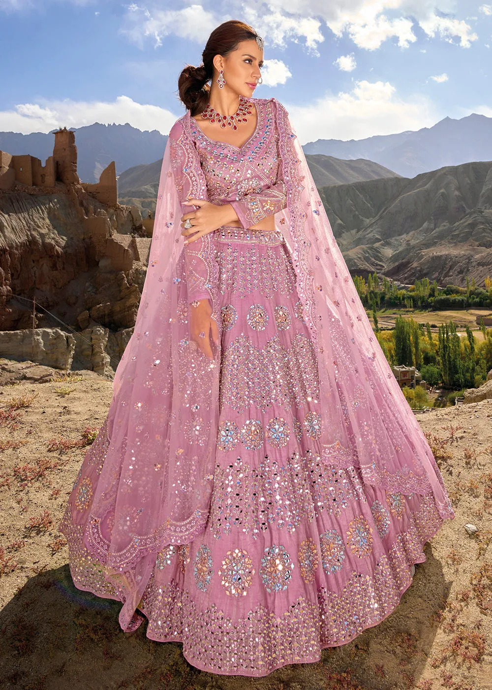 Onion Pink Embroidered Organza Designer Bridal Lehenga Choli