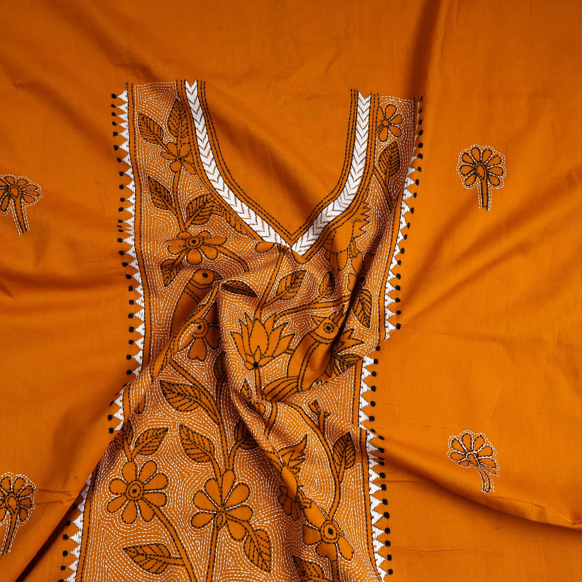 Orange - Bengal Kantha Embroidery Cotton Kurta Material - (2.7m) 23