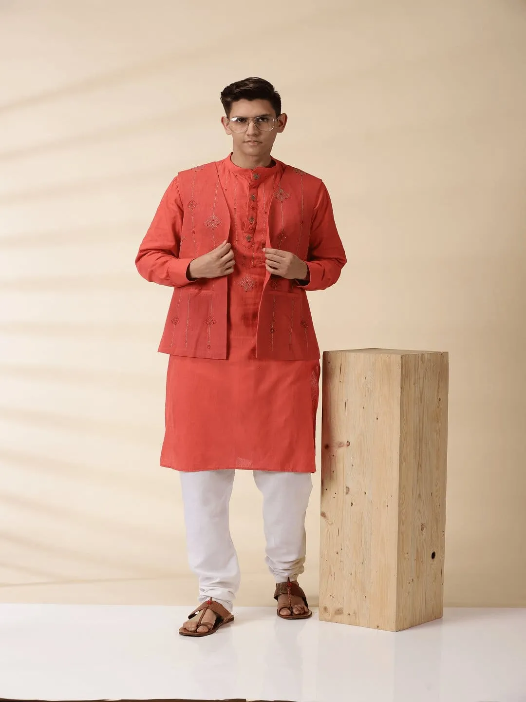 Orange Khadi Men's Nehru Jacket & Kurta Set