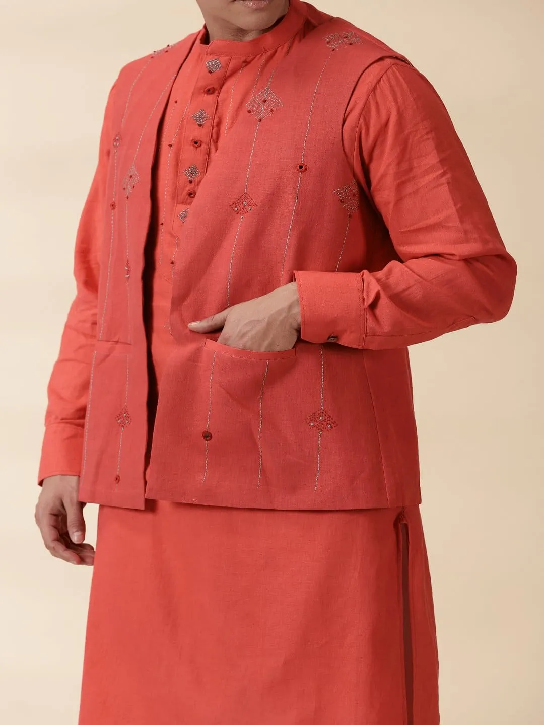 Orange Khadi Men's Nehru Jacket & Kurta Set