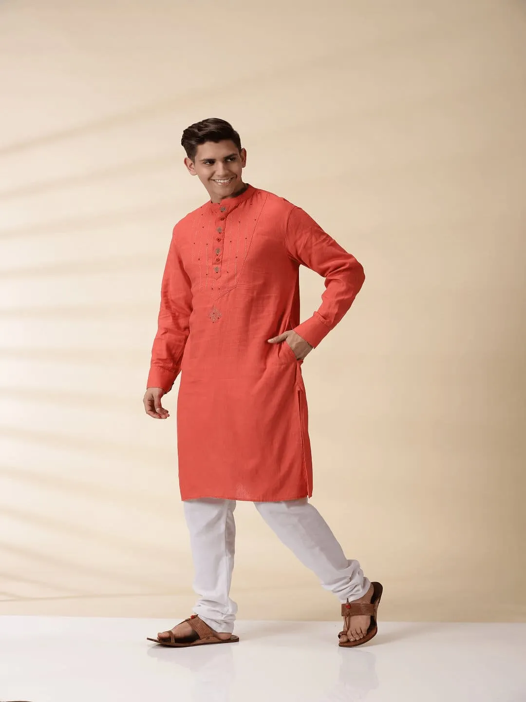 Orange Khadi Men's Nehru Jacket & Kurta Set