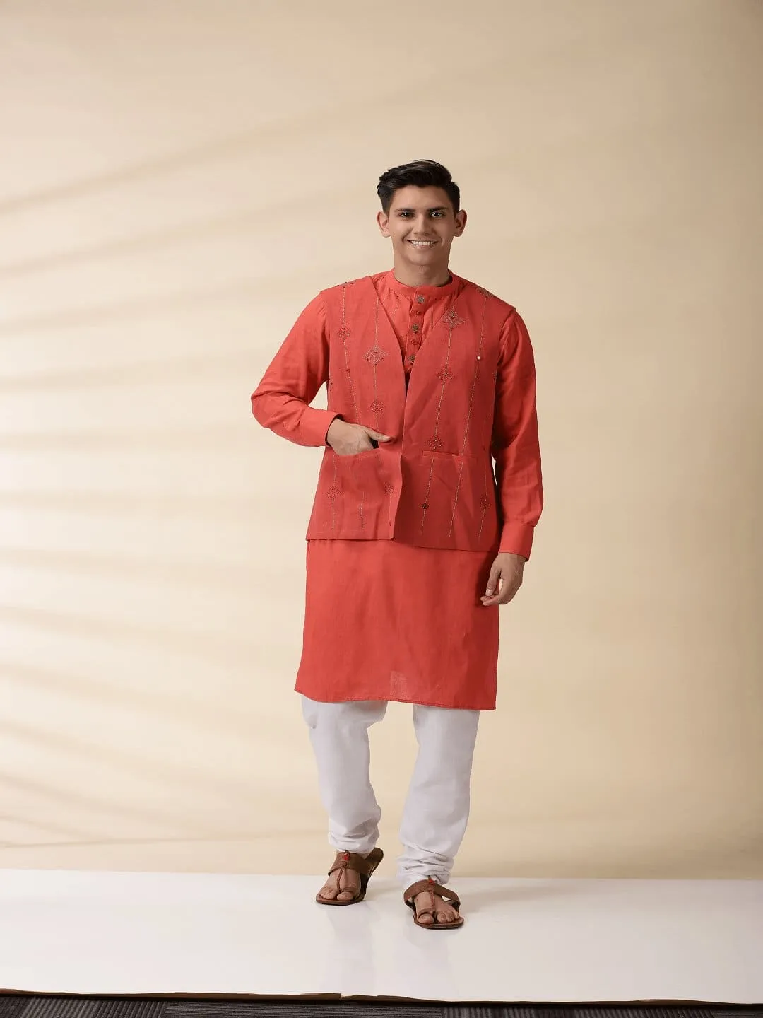 Orange Khadi Men's Nehru Jacket & Kurta Set