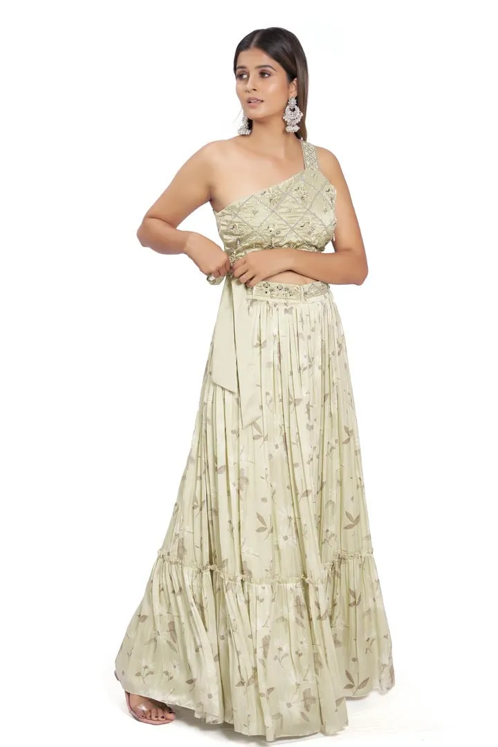 Pastel Green Floral Printed Lehenga Set