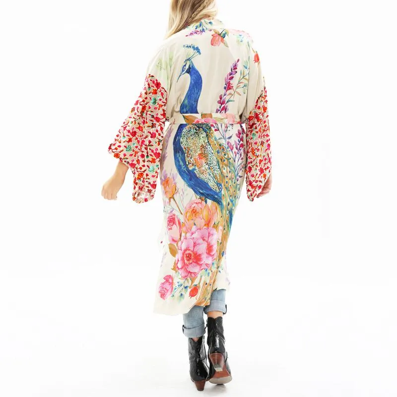 Peacock Art Kimono-Ecru