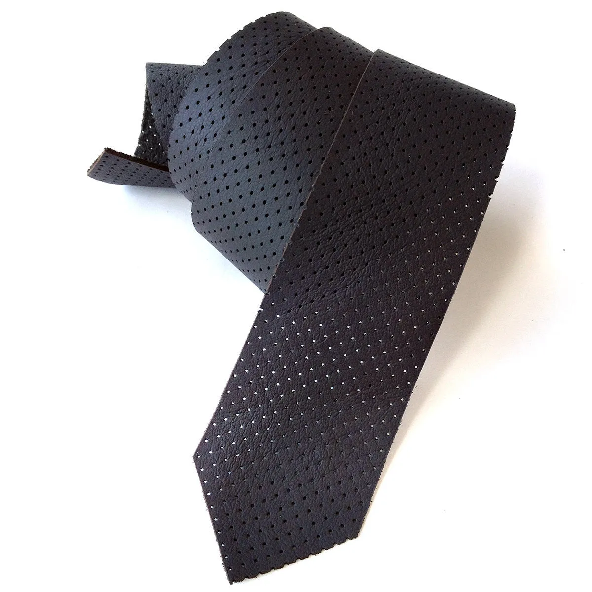 Perforated Black Leather Necktie, automotive leather tie