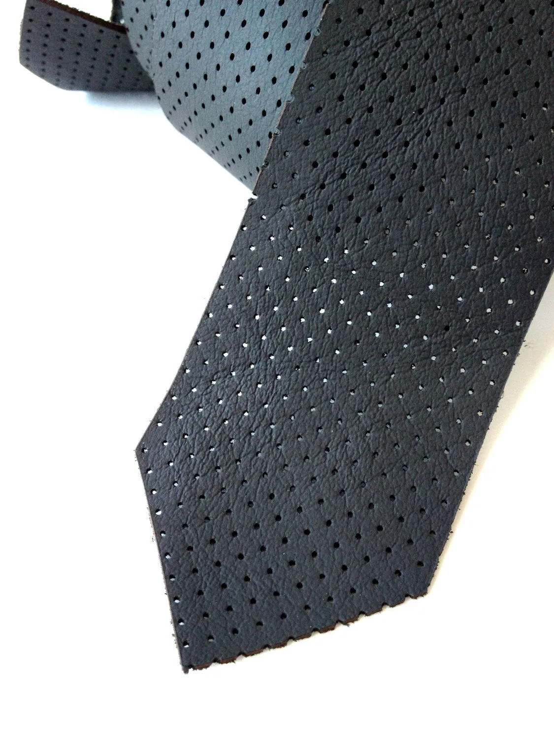 Perforated Black Leather Necktie, automotive leather tie