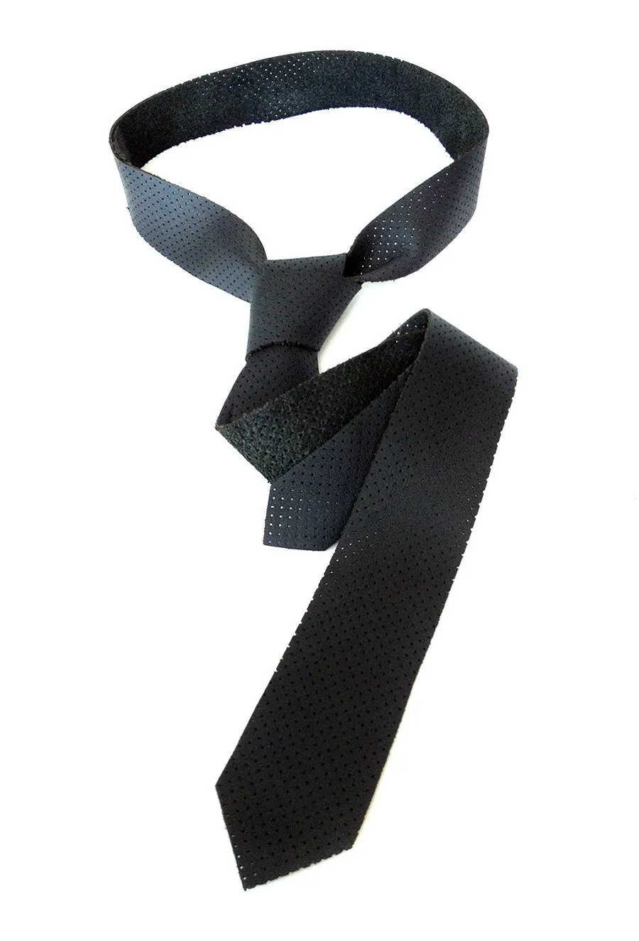 Perforated Black Leather Necktie, automotive leather tie