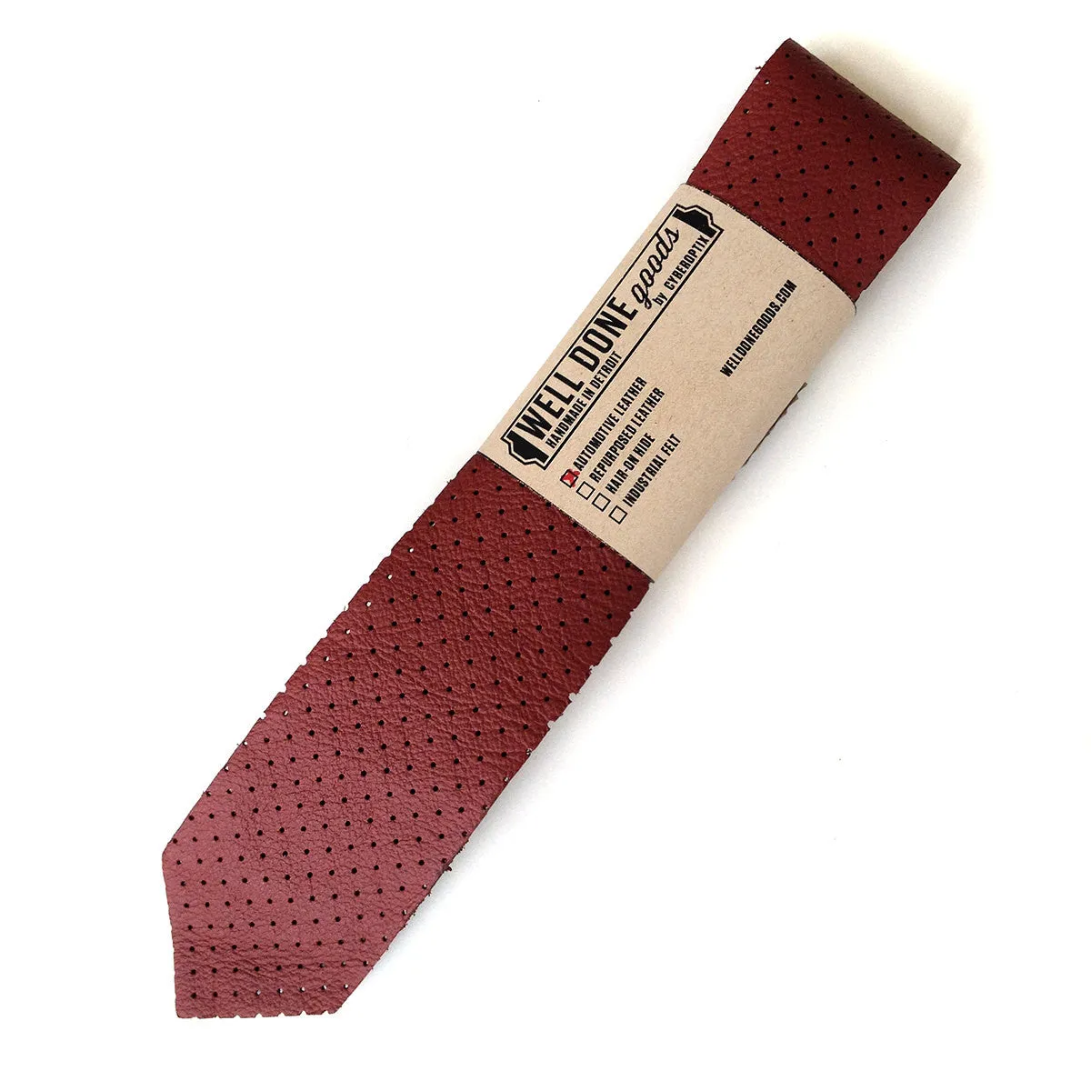 Perforated Oxblood Red Leather Necktie, automotive leather tie