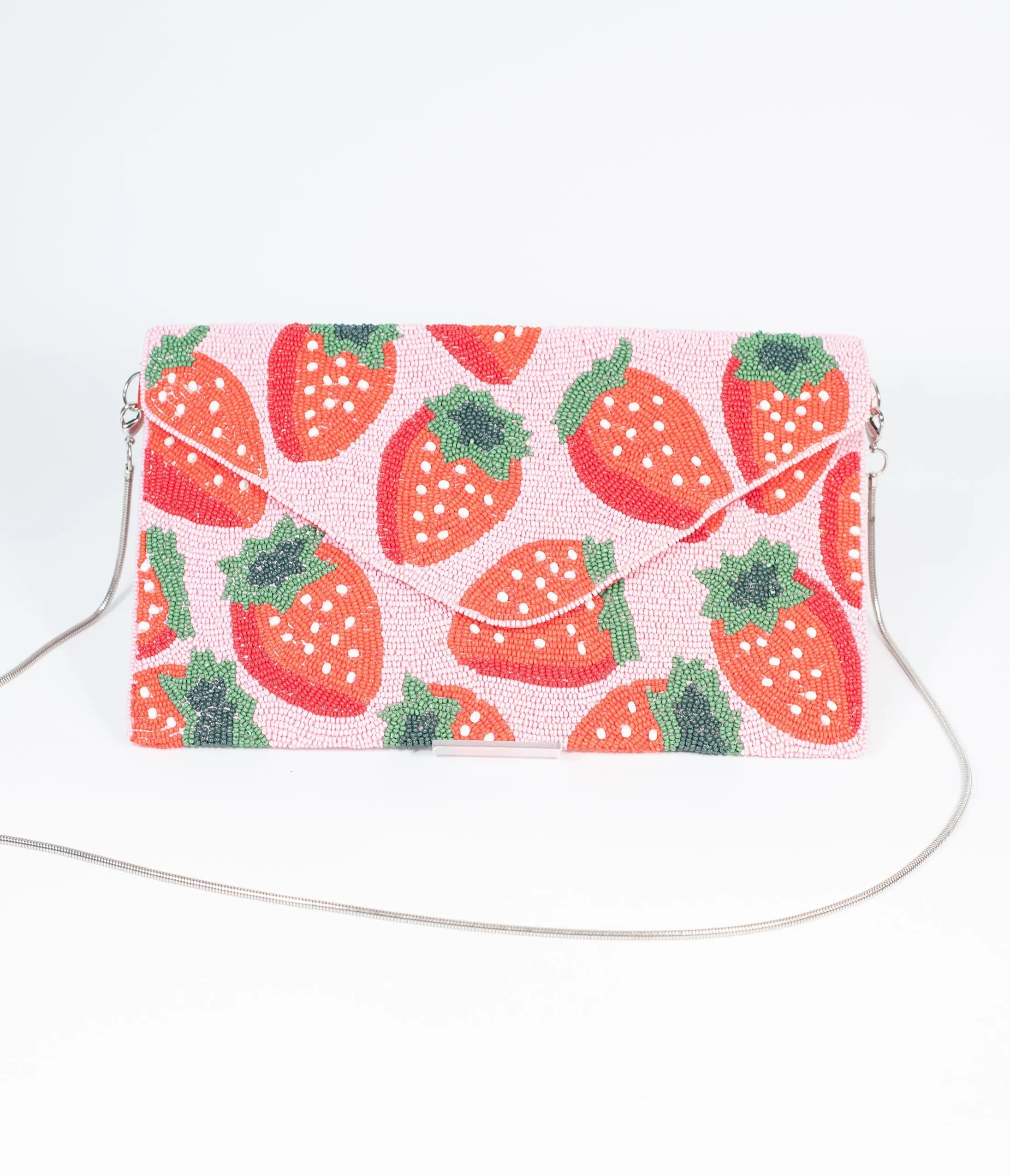 Pink & Red Strawberry Beaded Envelope Clutch