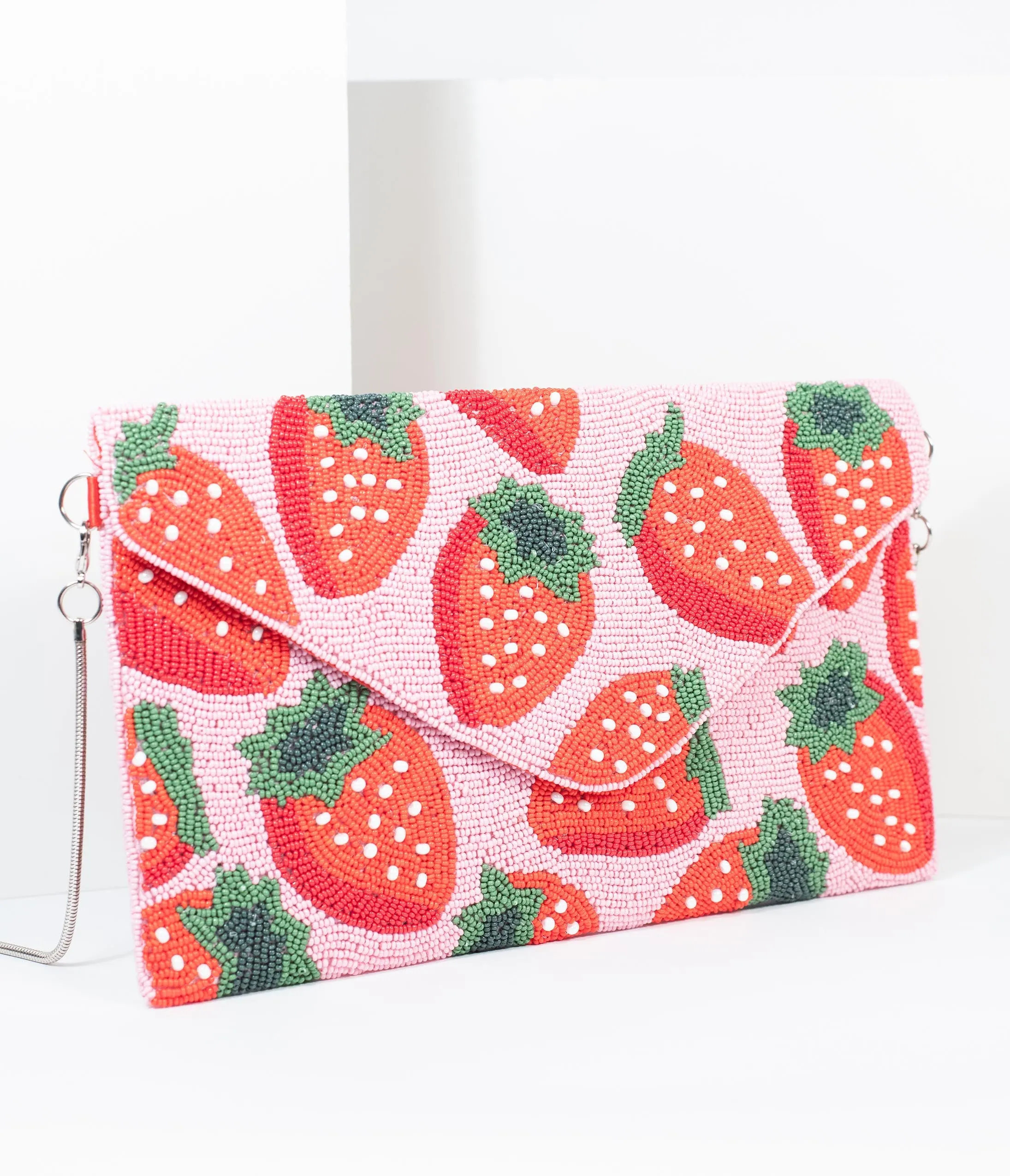 Pink & Red Strawberry Beaded Envelope Clutch