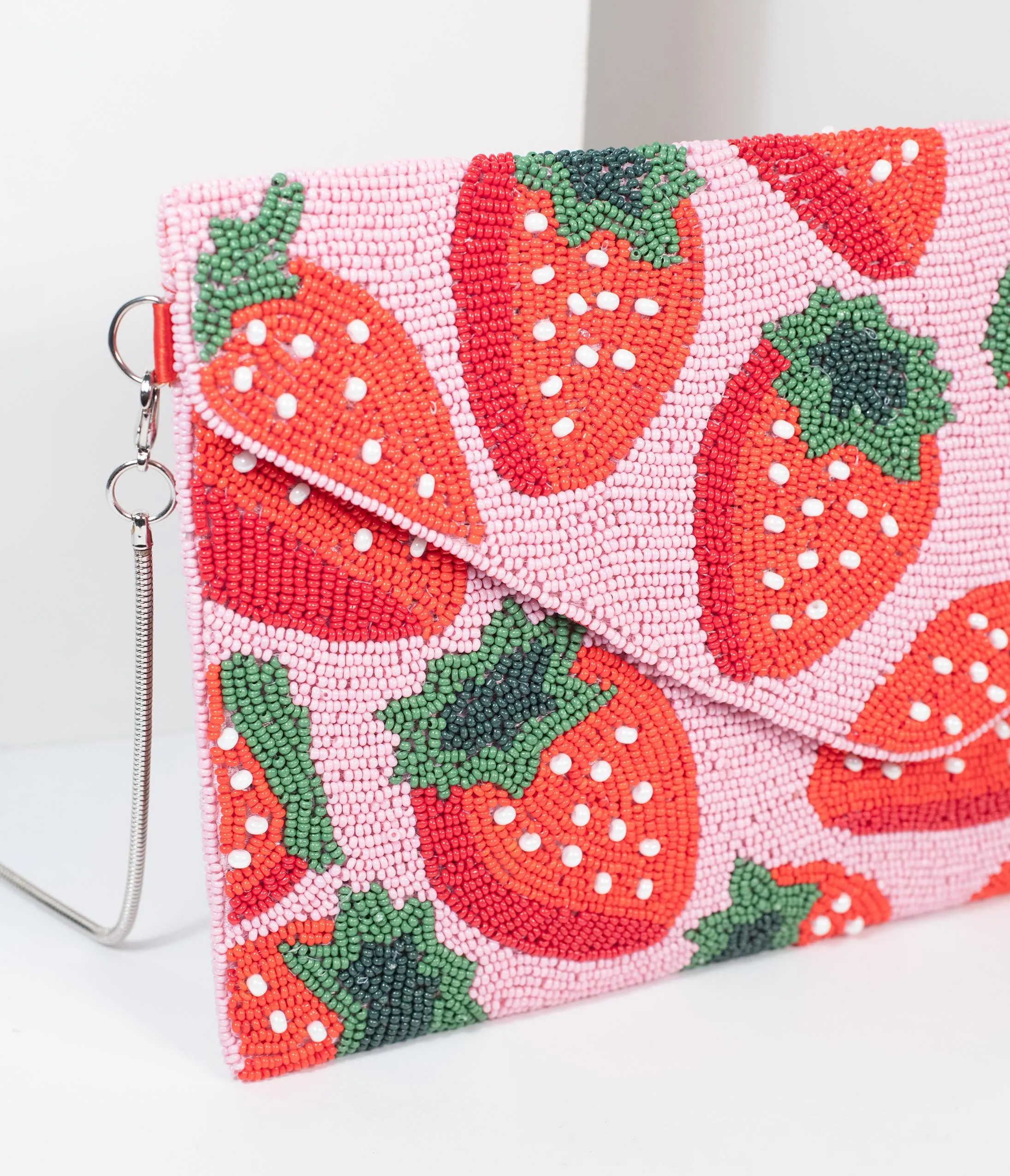 Pink & Red Strawberry Beaded Envelope Clutch