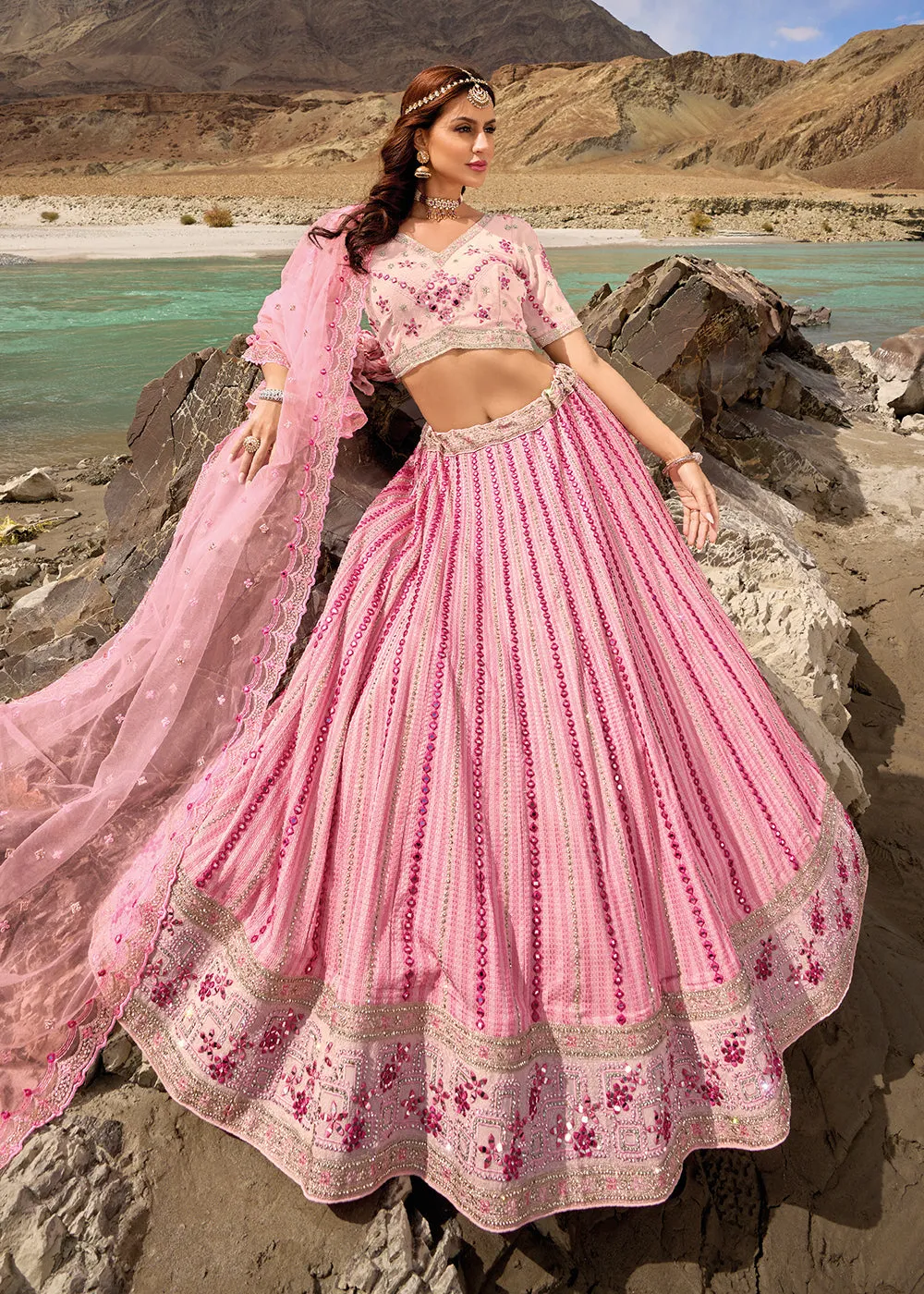 Pink Embroidered Pure Georgette Designer Bridal Lehenga Choli