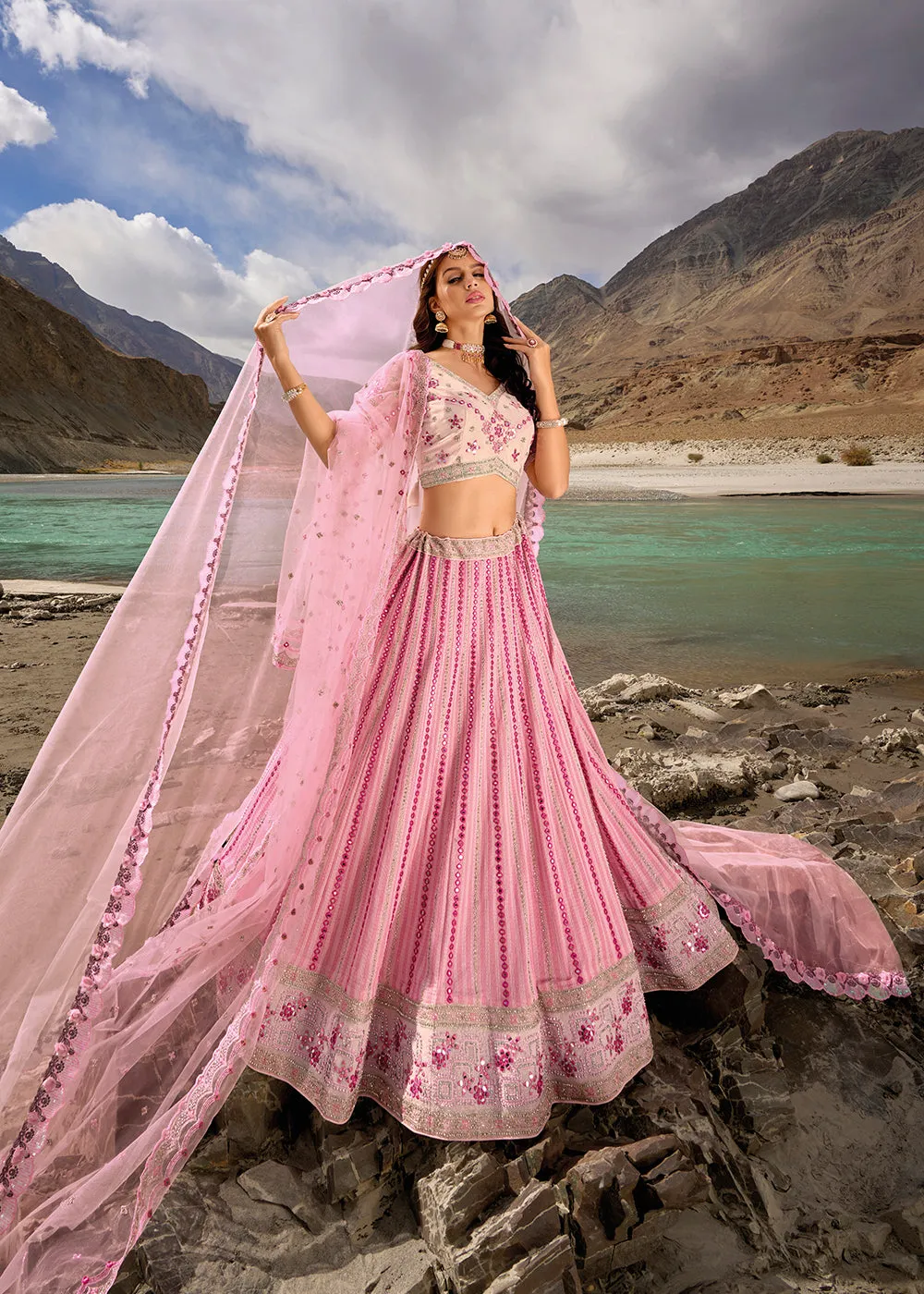 Pink Embroidered Pure Georgette Designer Bridal Lehenga Choli