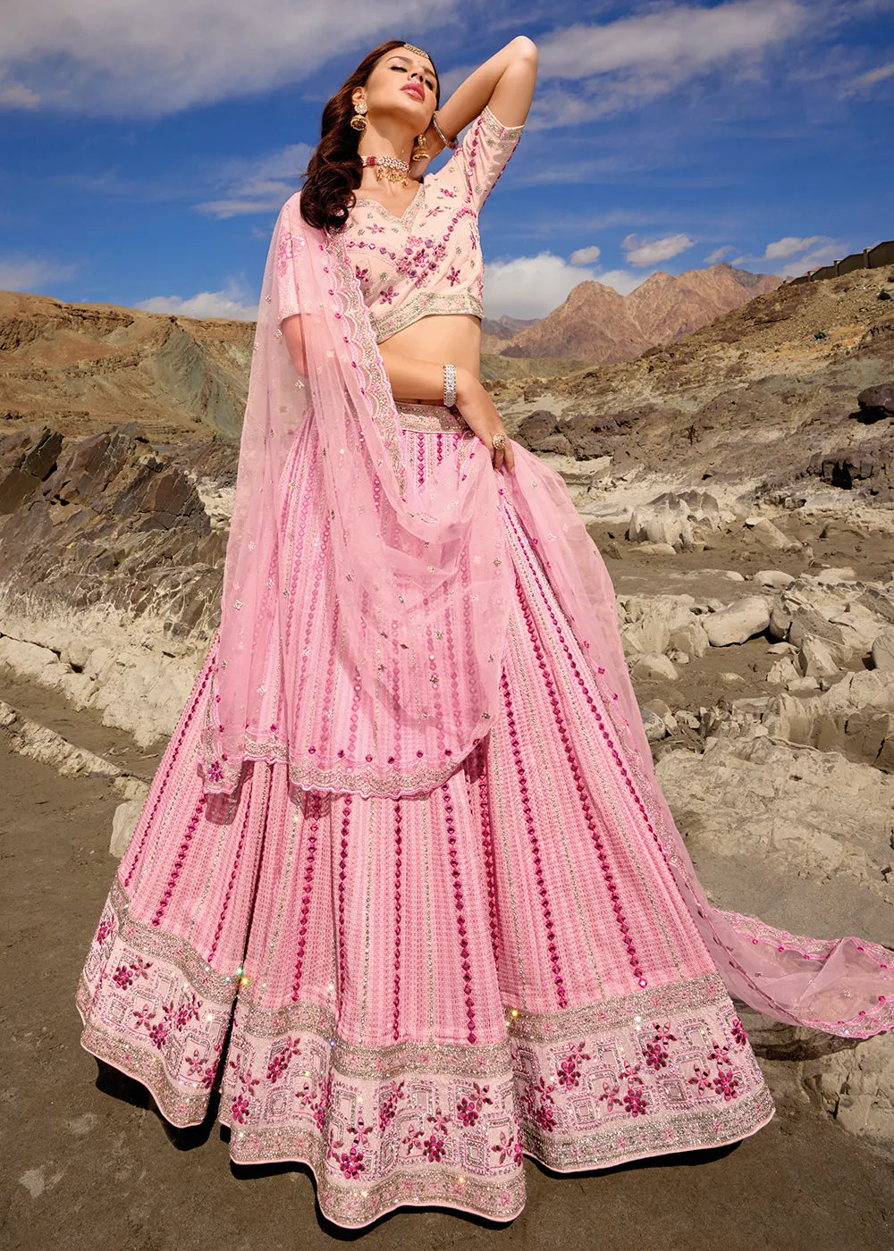 Pink Embroidered Pure Georgette Designer Bridal Lehenga Choli