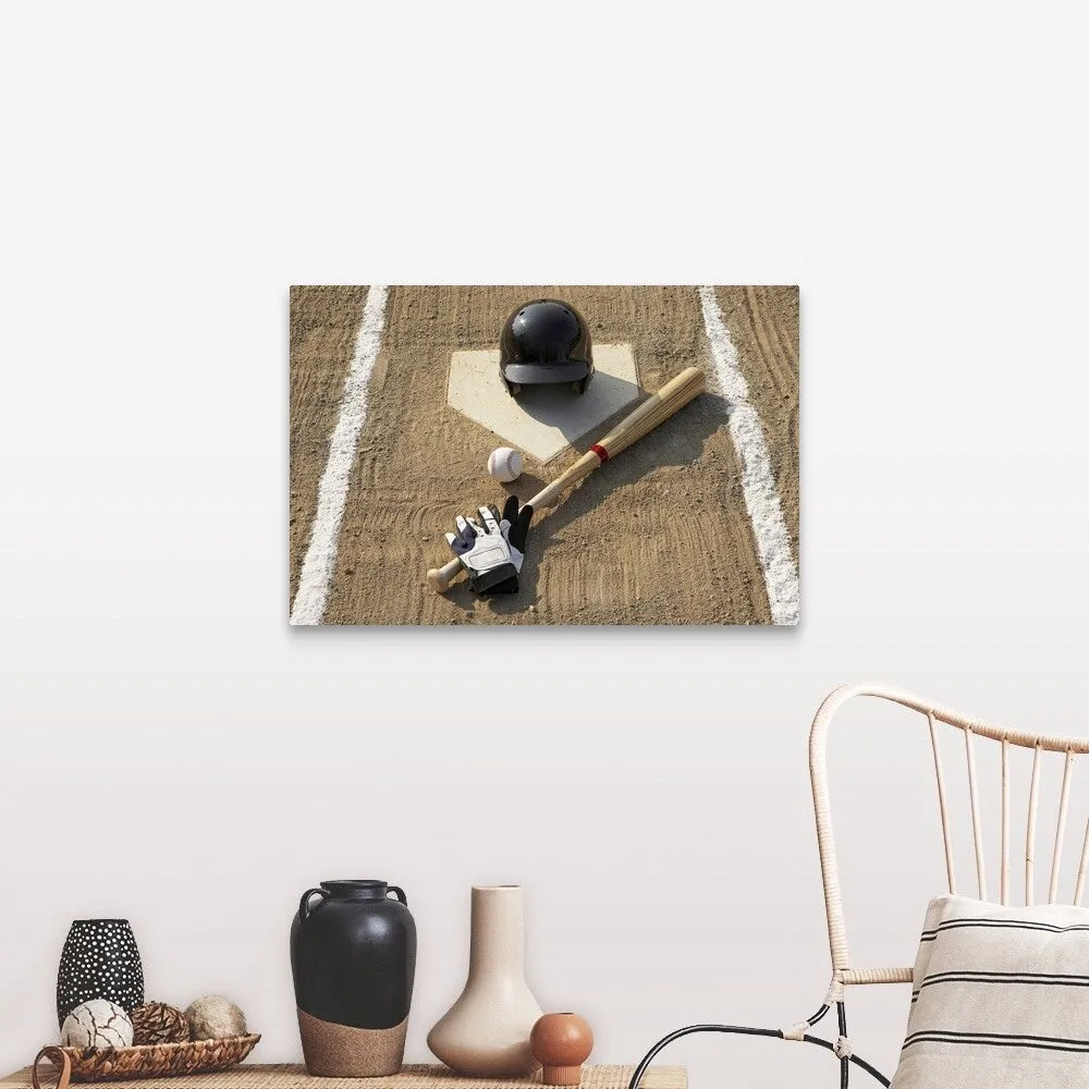 "Baseball, bat, batting gloves and baseball helmet at home plate" Canvas Wall Art