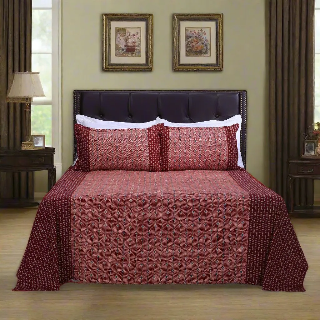 Rahat Geometric Red Cotton Bedsheet