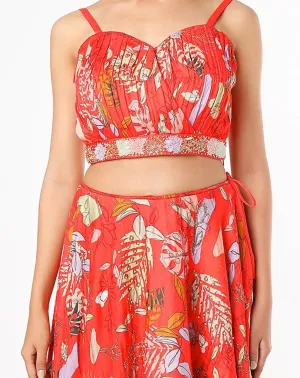 Red Embroidered & Printed Lehenga Set