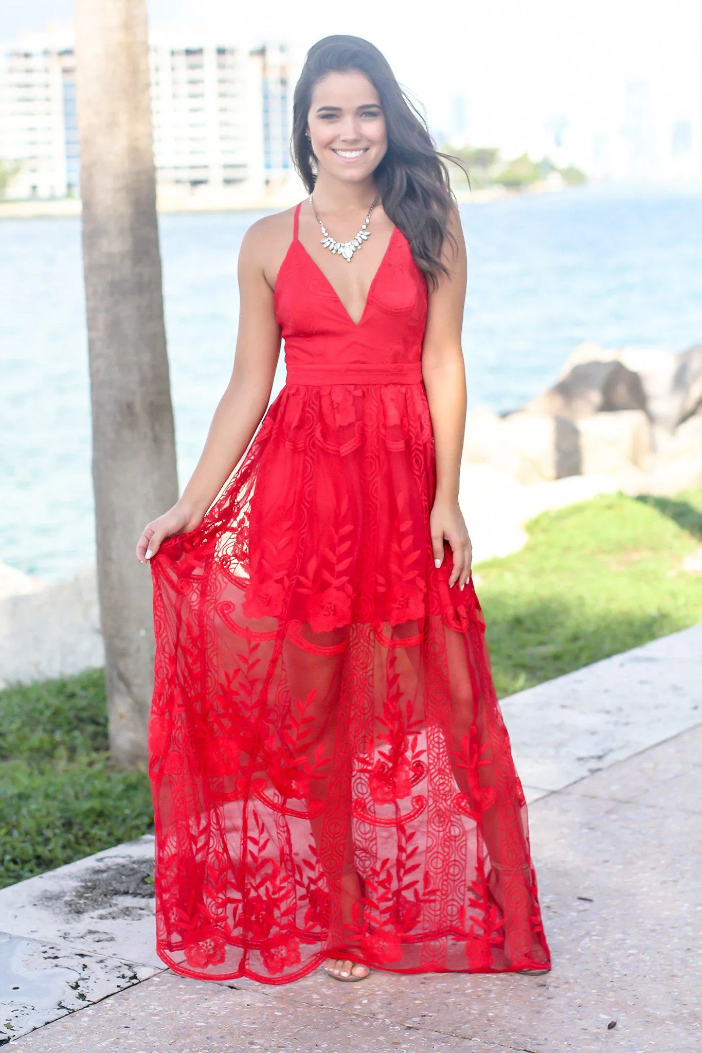 Red Embroidered Maxi Dress with Criss Cross Back