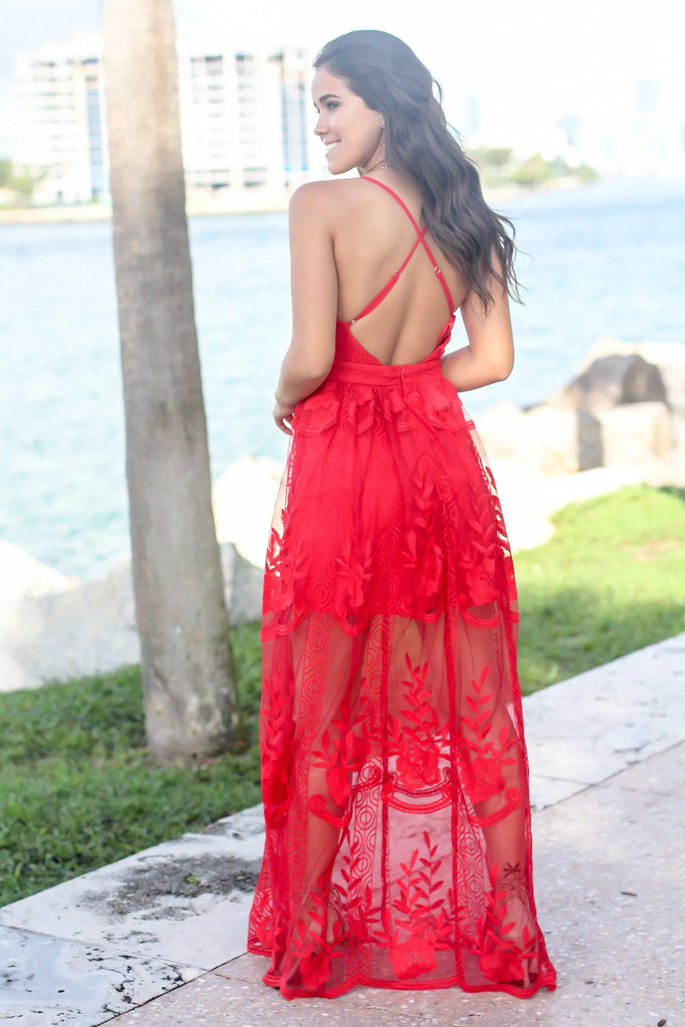 Red Embroidered Maxi Dress with Criss Cross Back