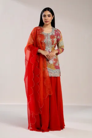 Red Floral Kurta And Red Plazzo With Dupatta