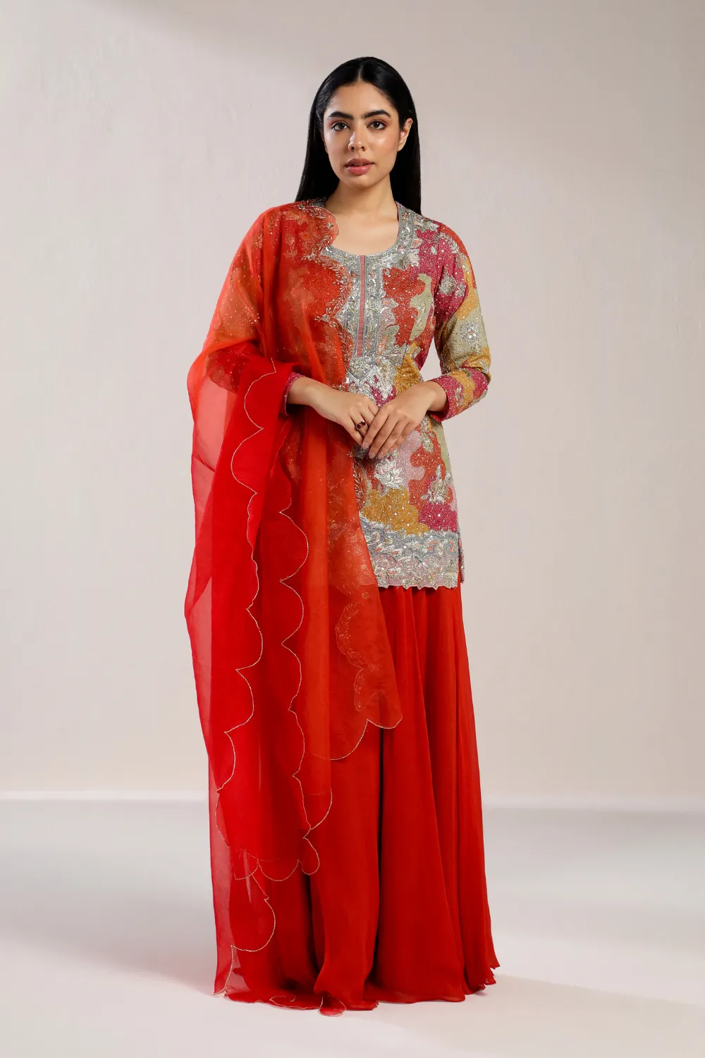 Red Floral Kurta And Red Plazzo With Dupatta