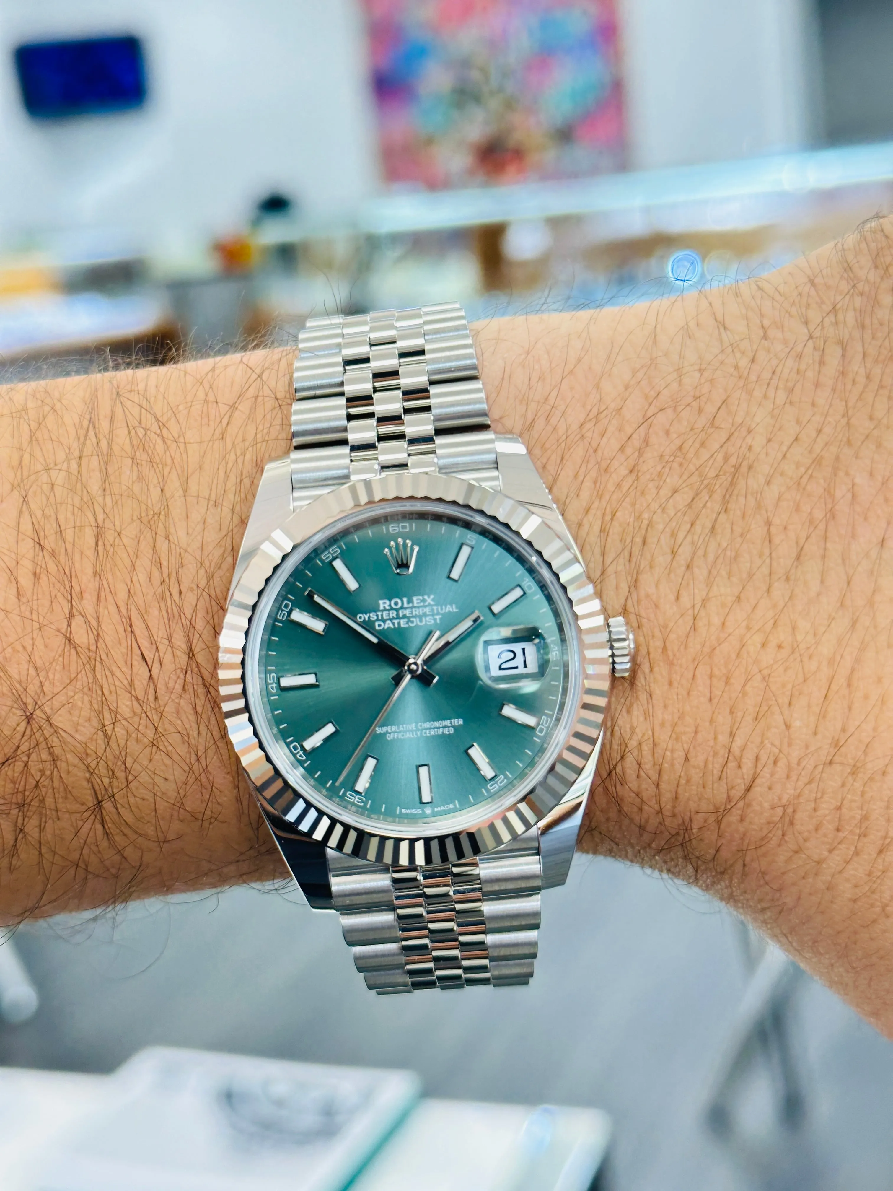 Rolex Datejust 41mm 126334 MINT Green Dial Jubilee 18k White Gold Bezel UNWORN Box/Papers