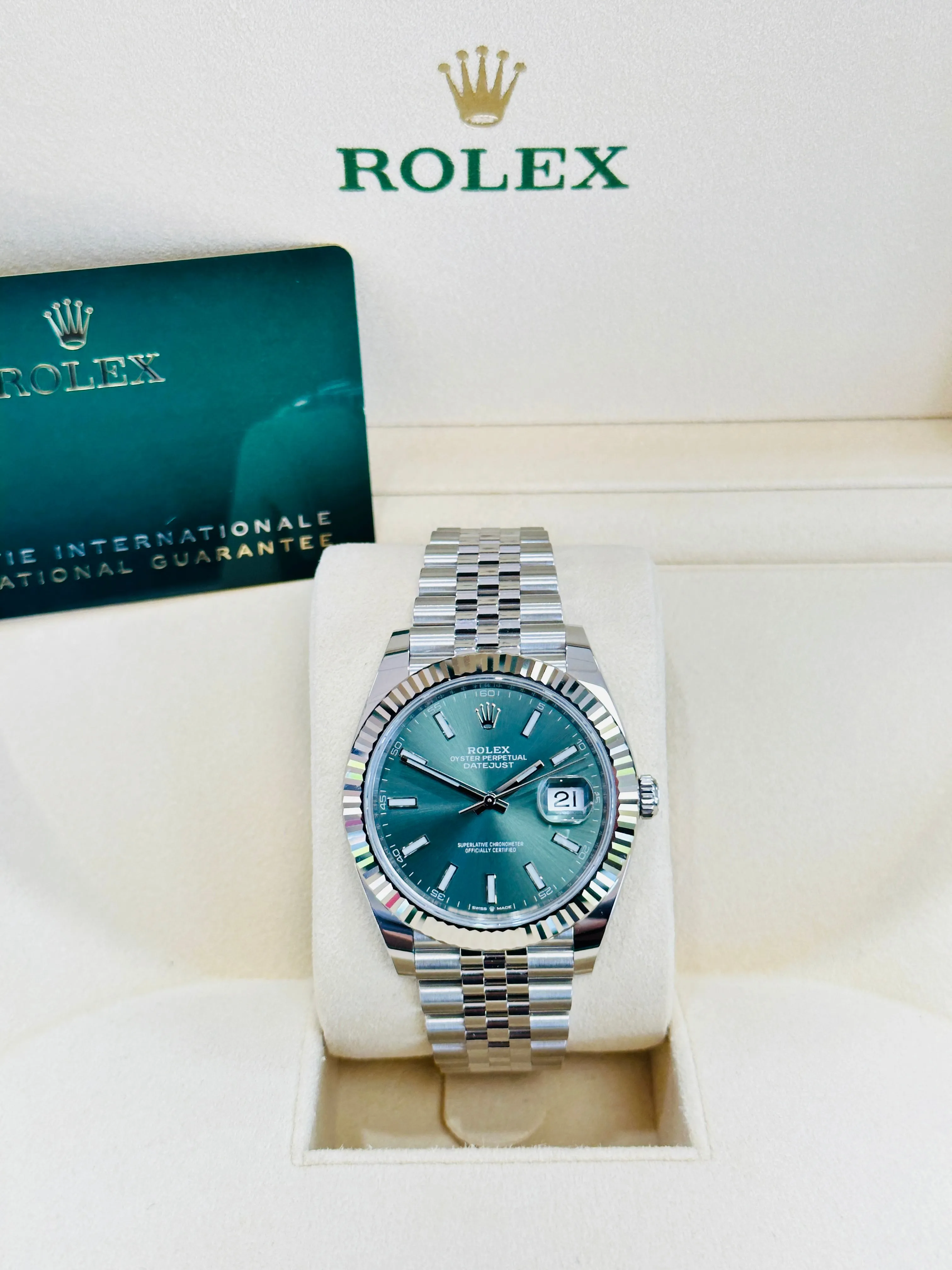 Rolex Datejust 41mm 126334 MINT Green Dial Jubilee 18k White Gold Bezel UNWORN Box/Papers