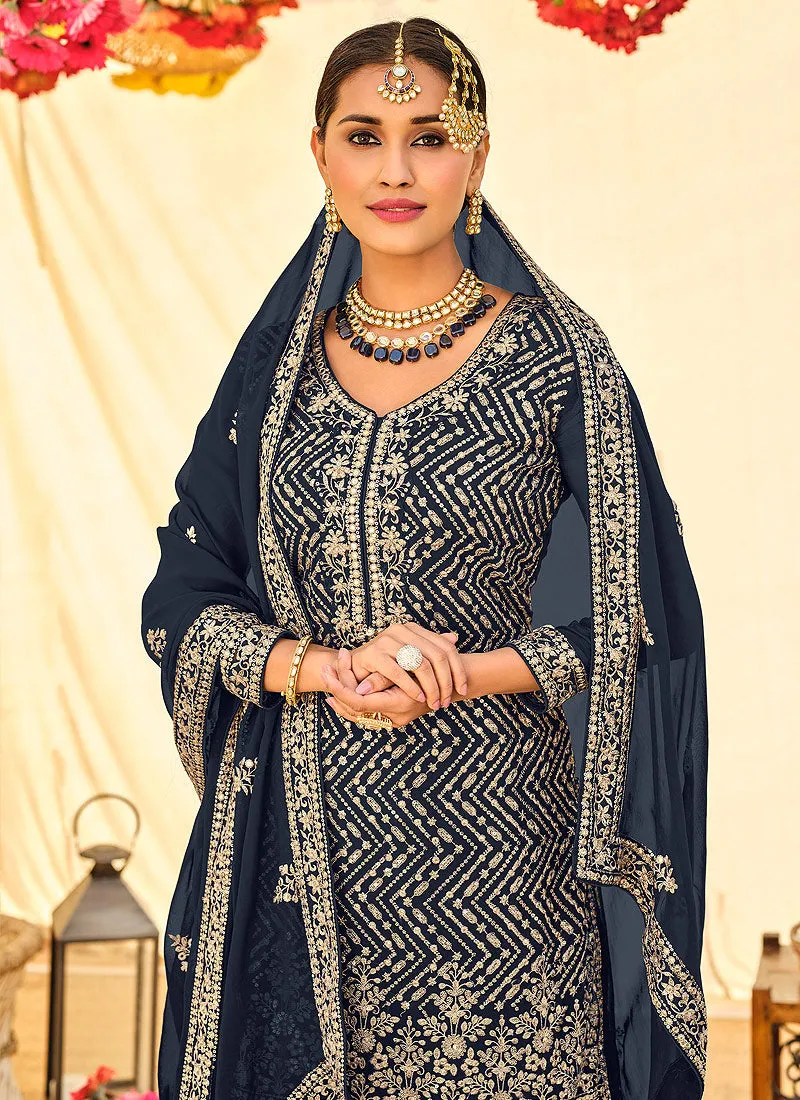 Royal Blue Embroidered Sharara Suit