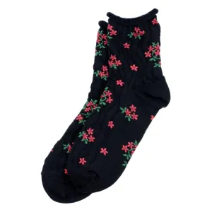 Ruffle Flower (Black) Women's Crew Sock