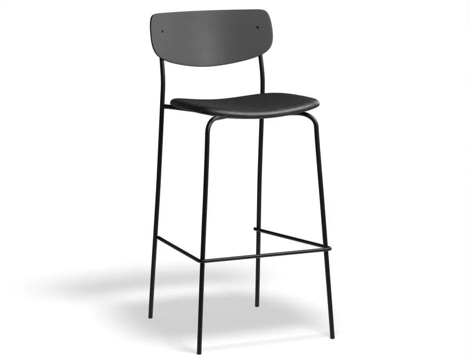 Rylie Stool - Padded Seat with Black Backrest - 75cm Bar Height - Grey Vegan Leather Seat