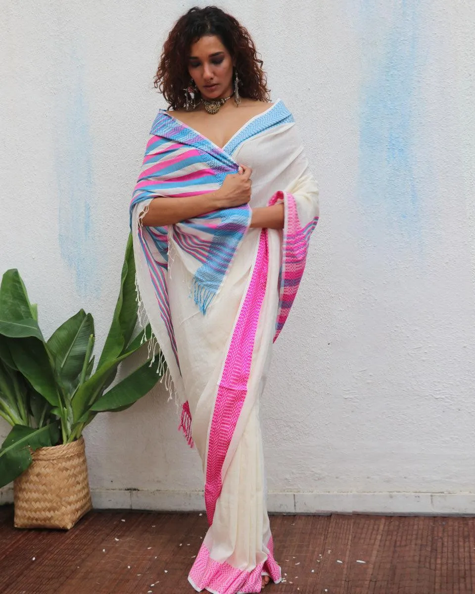 Sadhvi Handwoven Linen Cotton Jamdani Saree - Uma