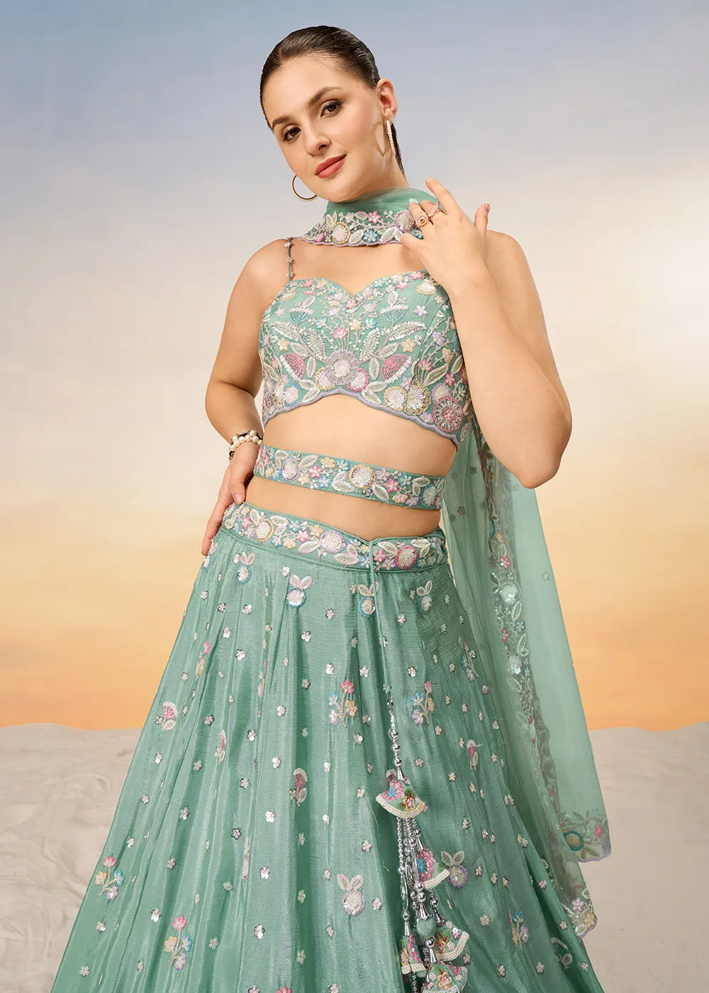 Sea Green Poly Chiffon Embroidered Wedding Party Lehenga Choli