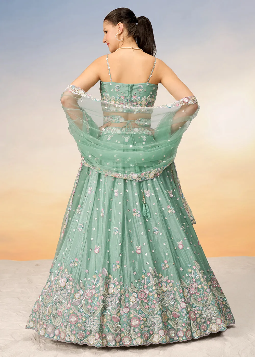 Sea Green Poly Chiffon Embroidered Wedding Party Lehenga Choli