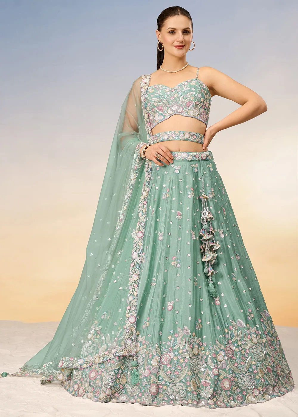 Sea Green Poly Chiffon Embroidered Wedding Party Lehenga Choli