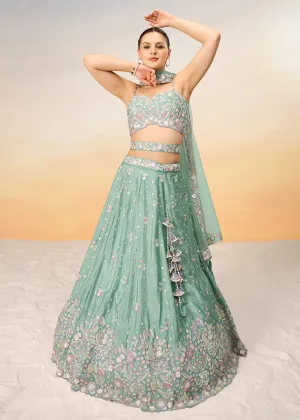 Sea Green Poly Chiffon Embroidered Wedding Party Lehenga Choli