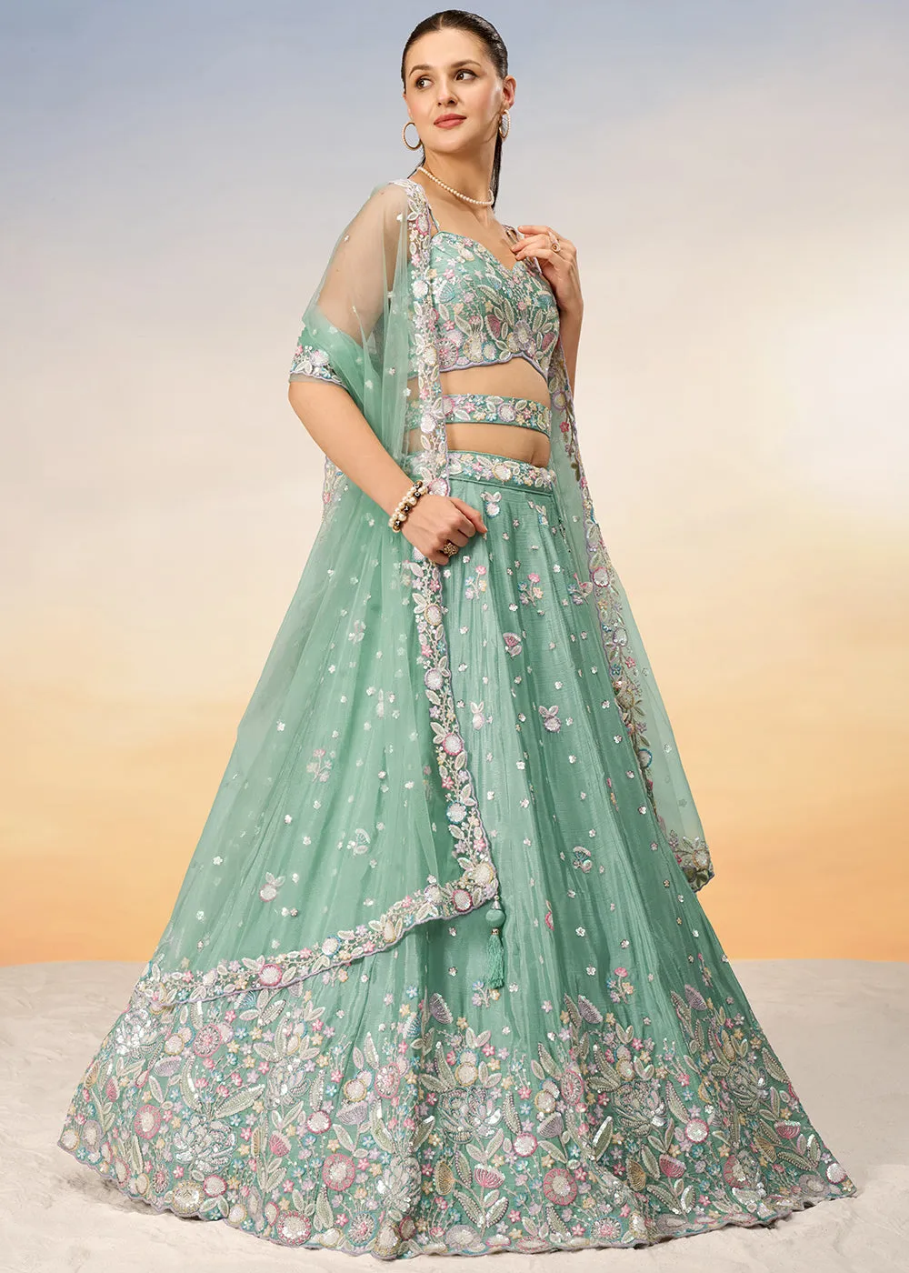 Sea Green Poly Chiffon Embroidered Wedding Party Lehenga Choli