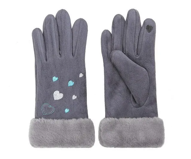 Suede Five Fingers Gloves Cute With Embroidered Heart