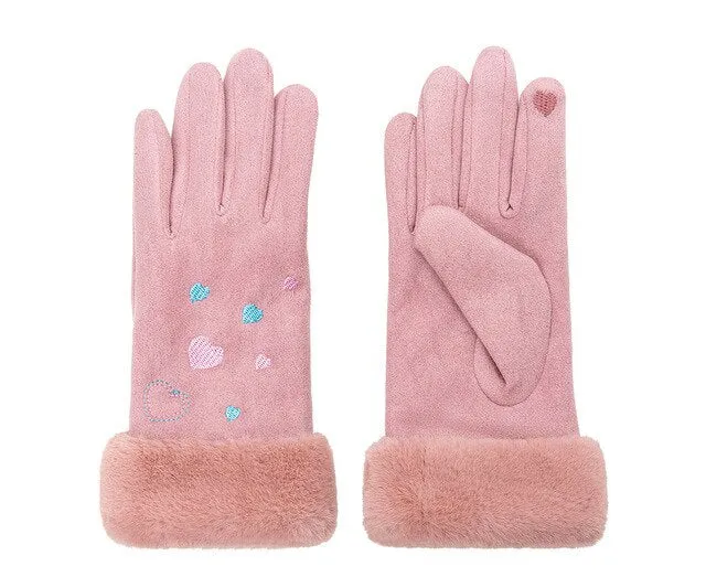 Suede Five Fingers Gloves Cute With Embroidered Heart