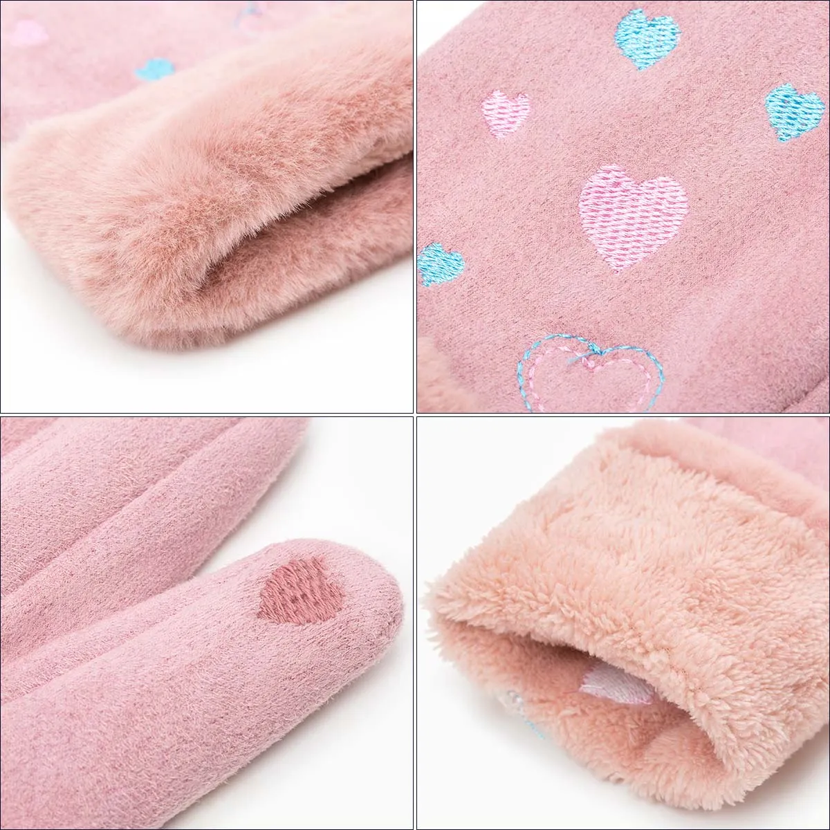 Suede Five Fingers Gloves Cute With Embroidered Heart